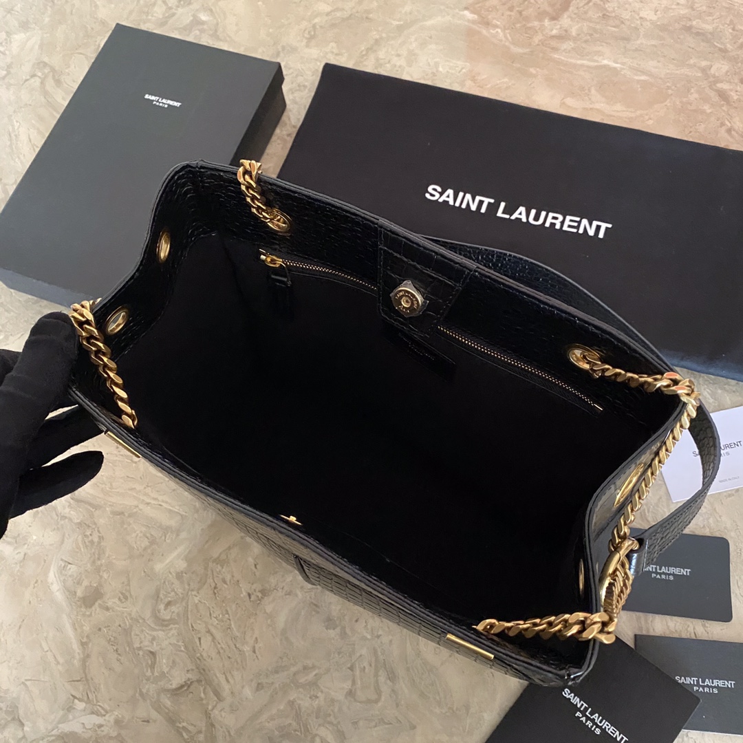 YSL Saint Laurent classic reproduction crocodile pattern shopping bag with detachable chain, bronze metal chain