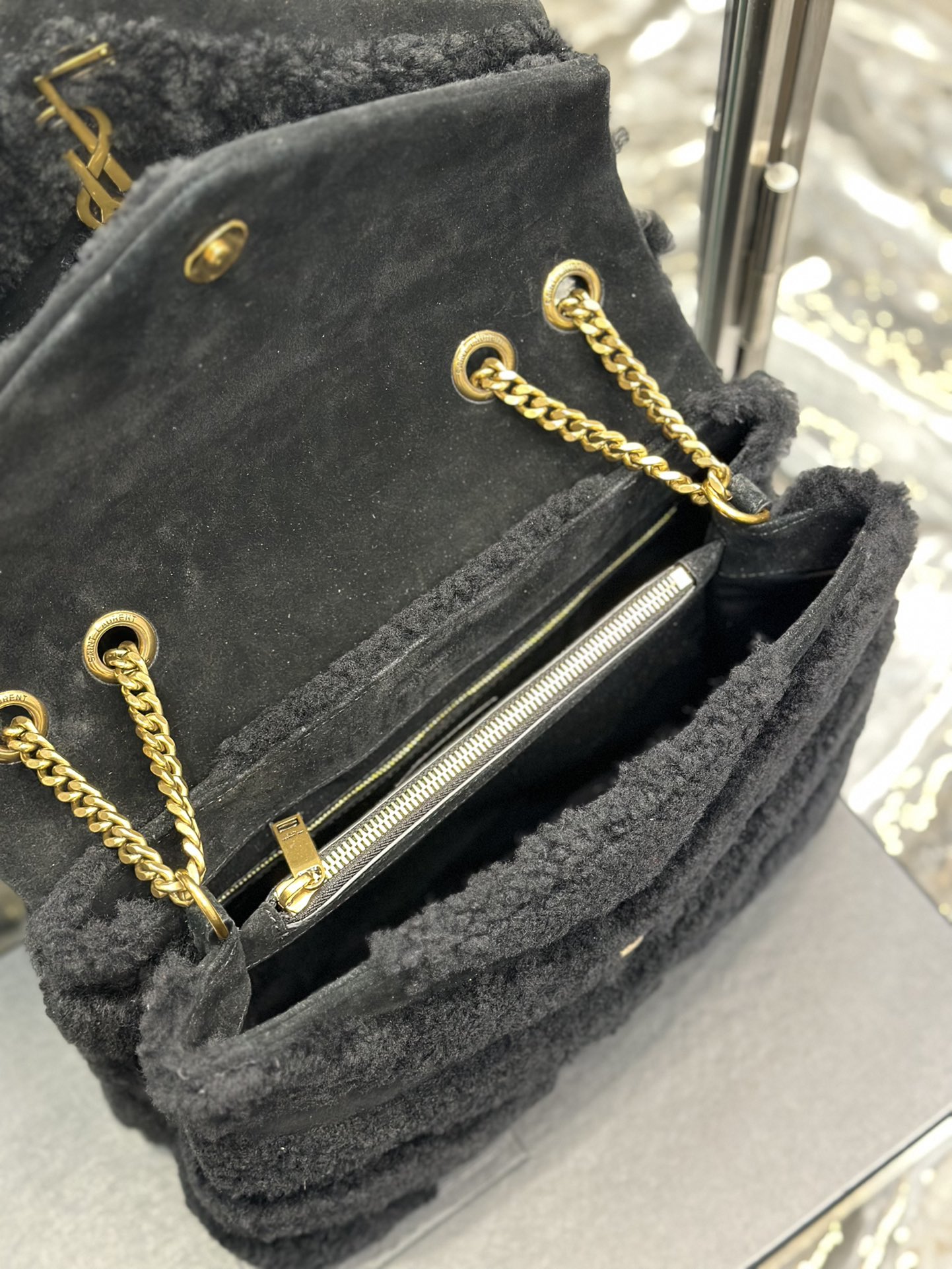 LOULOU SMALL CHAIN BAG IN QUILTED “Y” LEATHER, SATIN AND SEQUINS