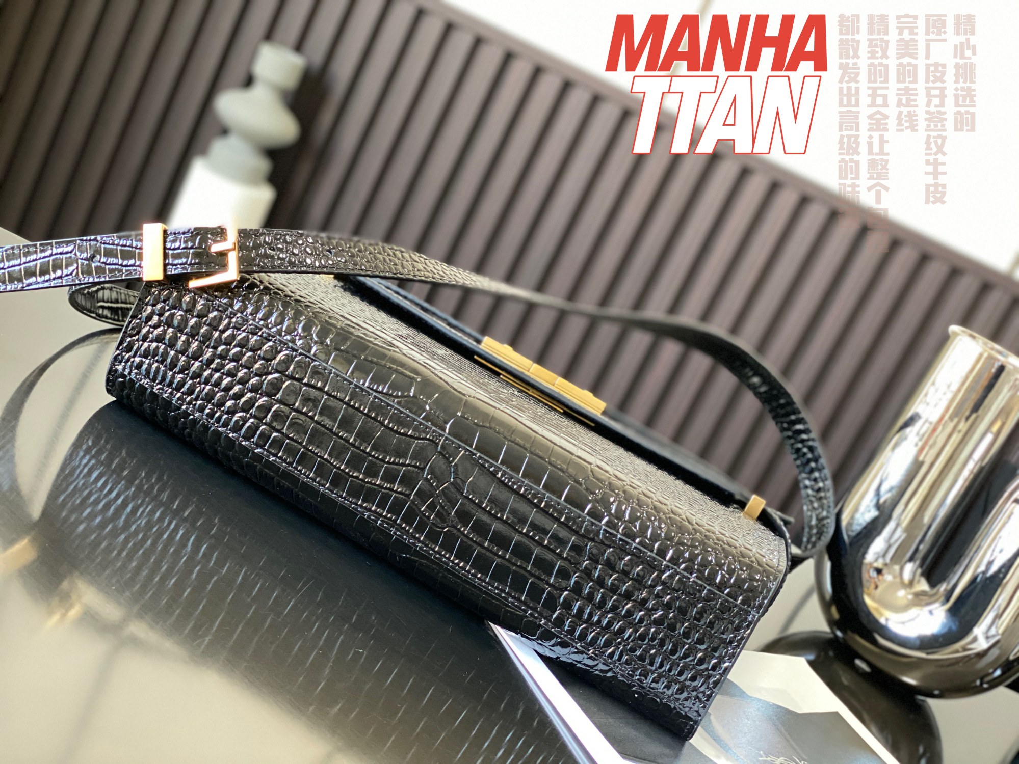 MANHATTAN SHOULDER BAG IN CROCODILE-EMBOSSED SHINY LEATHER