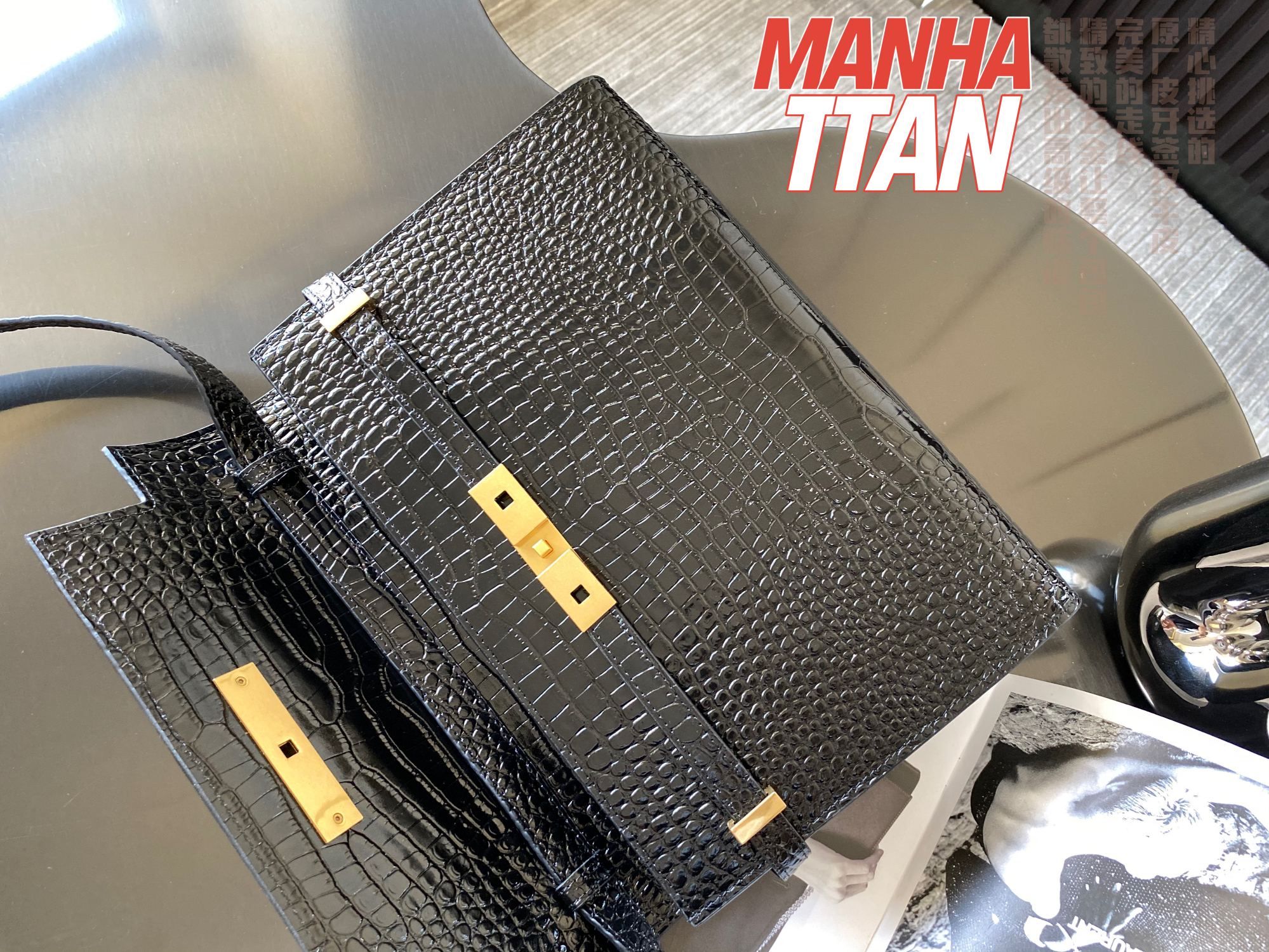 MANHATTAN SHOULDER BAG IN CROCODILE-EMBOSSED SHINY LEATHER
