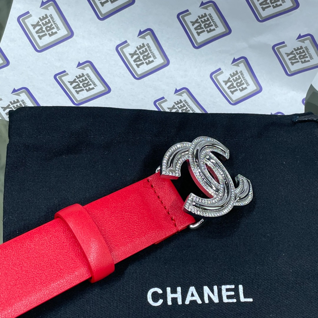 Ch*el red patent leather cc logo belt