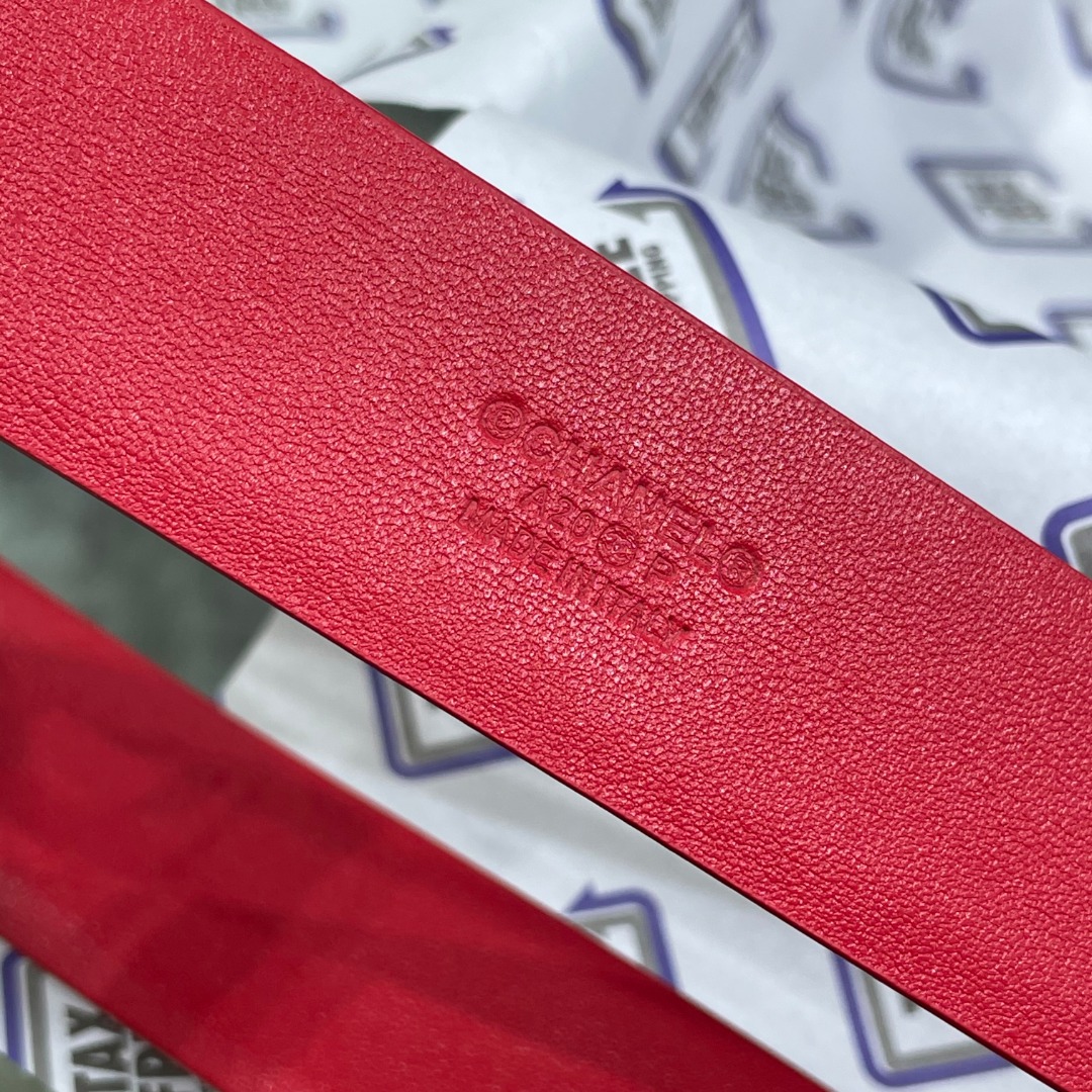 Ch*el red patent leather cc logo belt