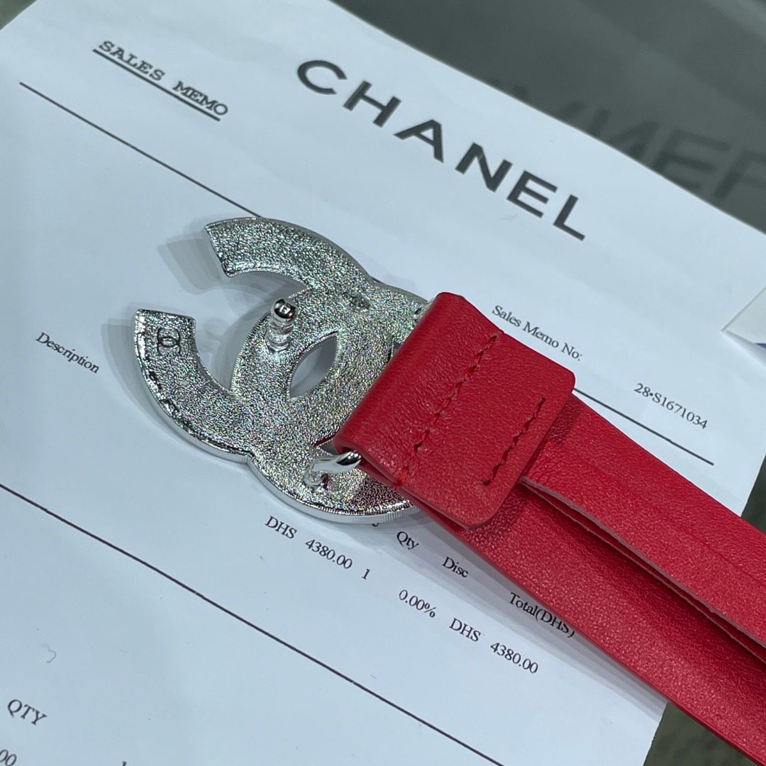 Ch*el red patent leather cc logo belt