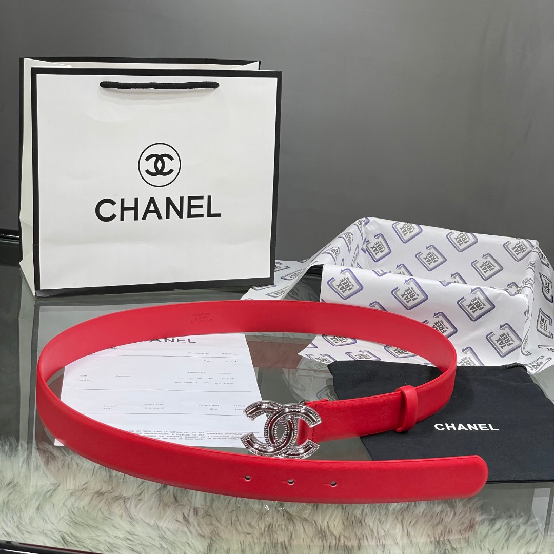 Ch*el red patent leather cc logo belt