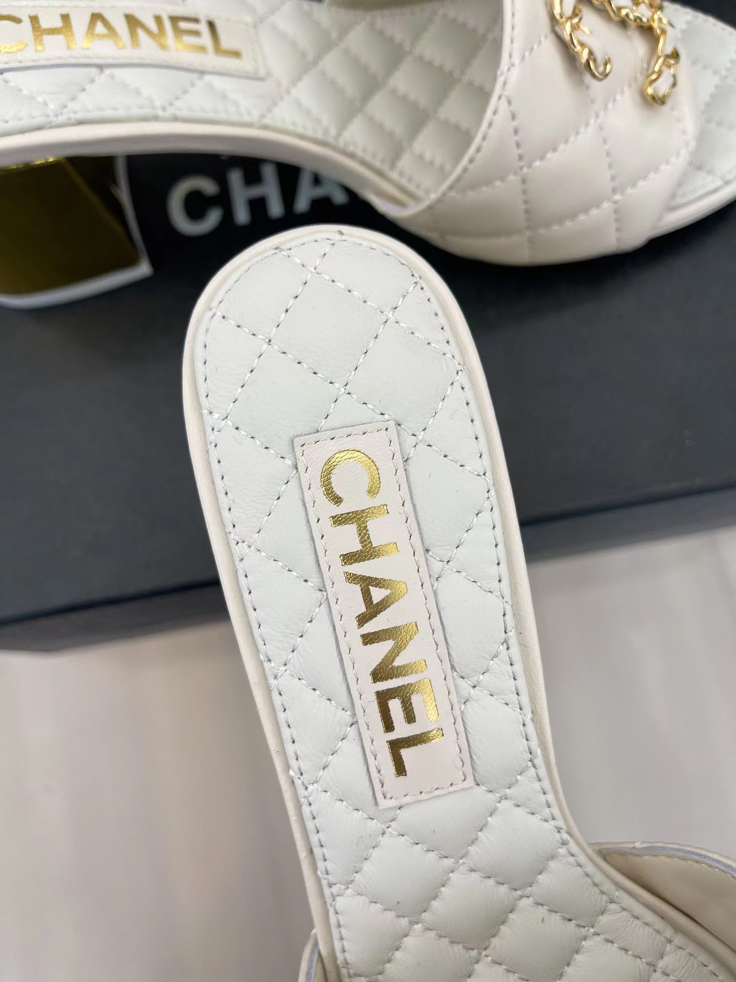 Ch*el rev white lambskin quilted cc gold logo cone heel mule slide sandal