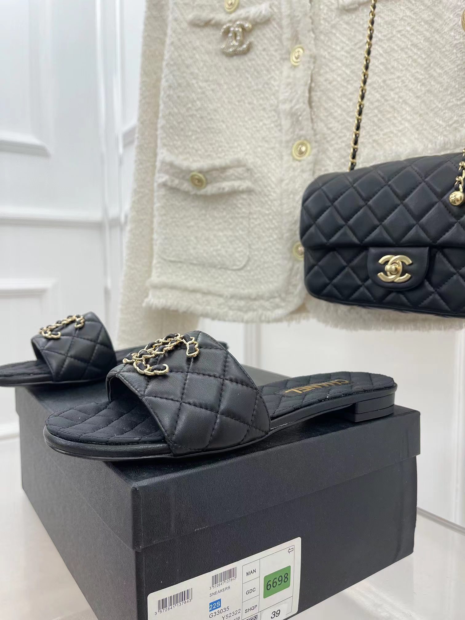Ch*el goatskin shiny leather gold cc flat sandals