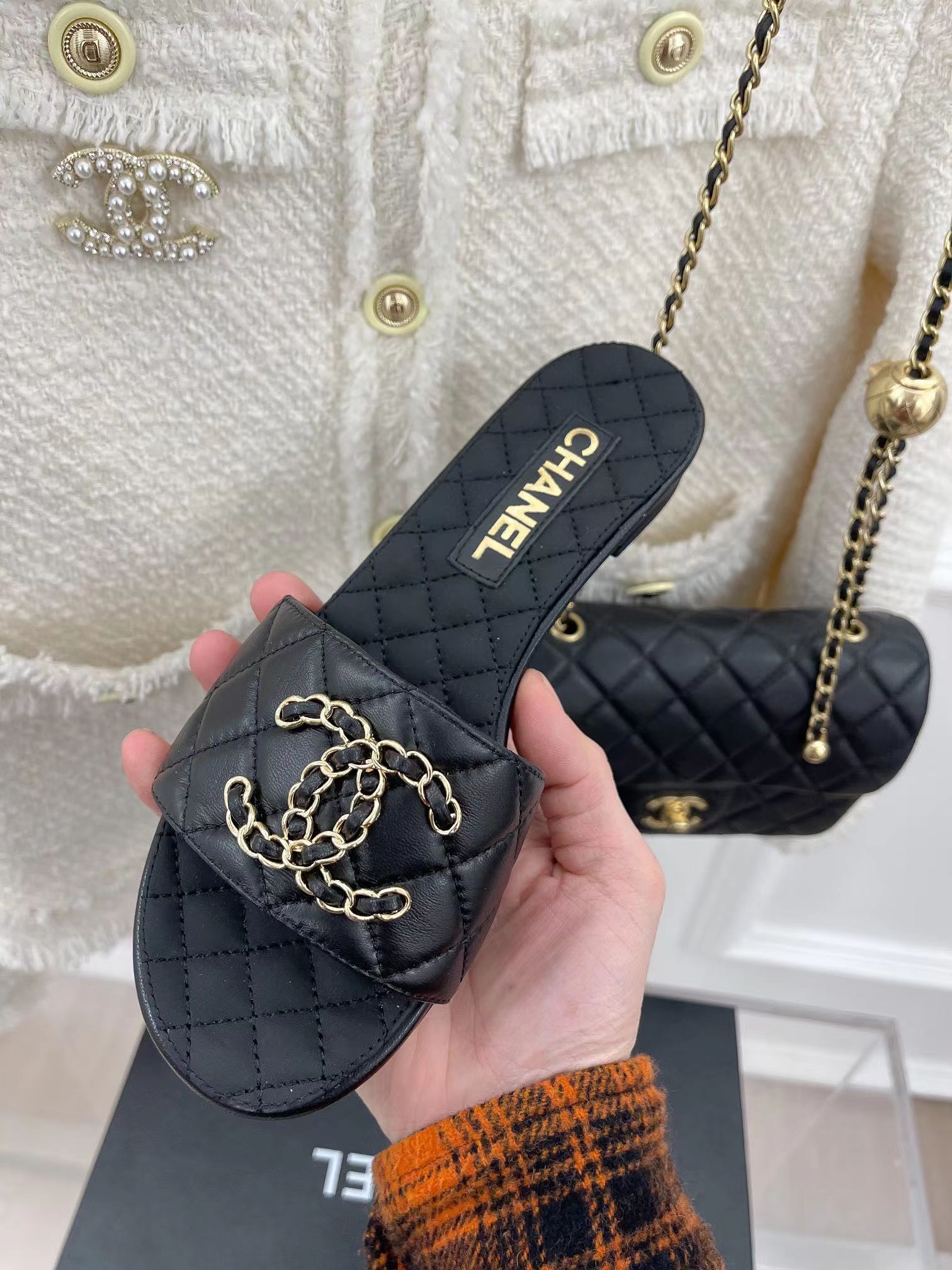 Ch*el goatskin shiny leather gold cc flat sandals