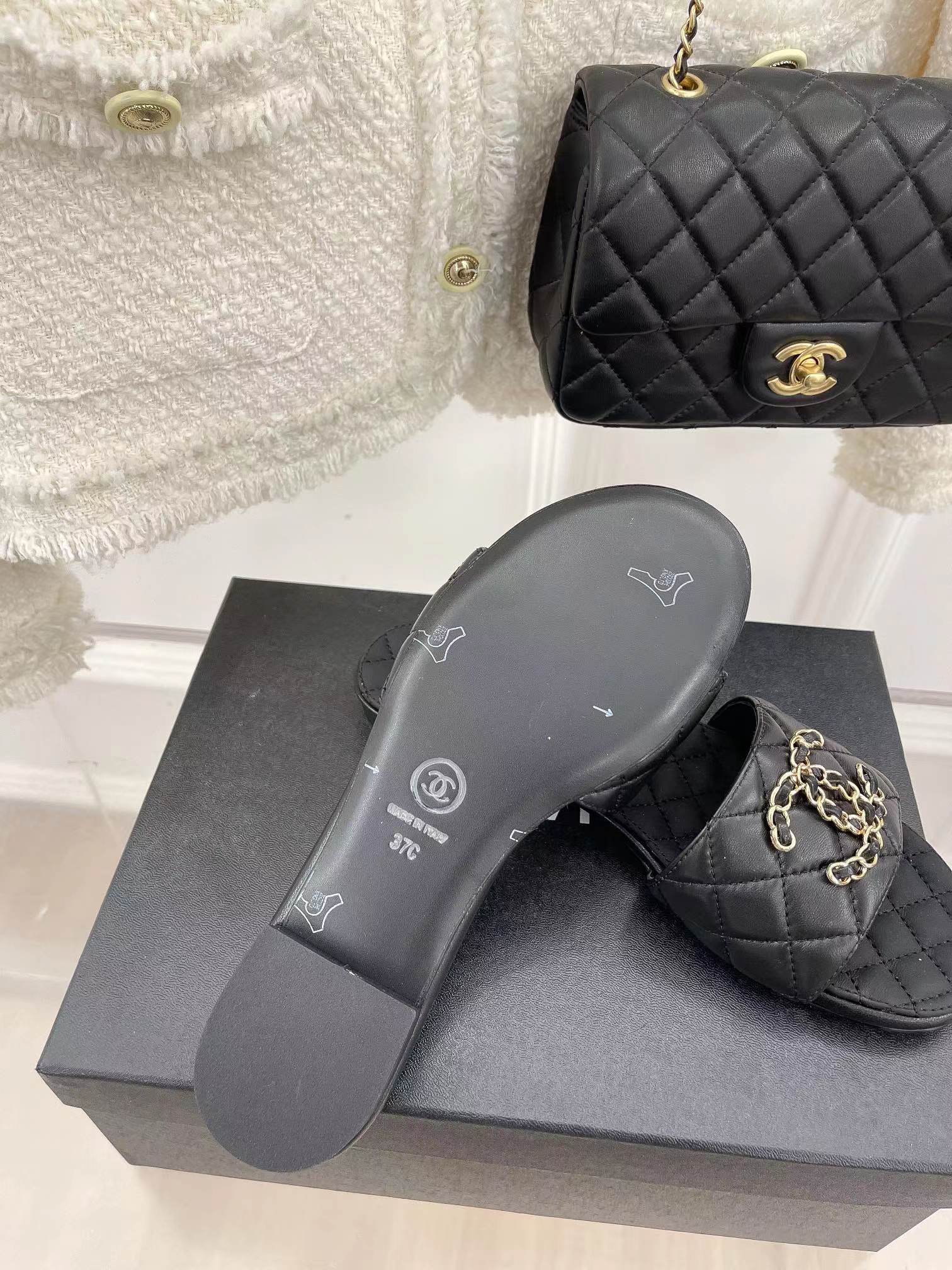 Ch*el goatskin shiny leather gold cc flat sandals