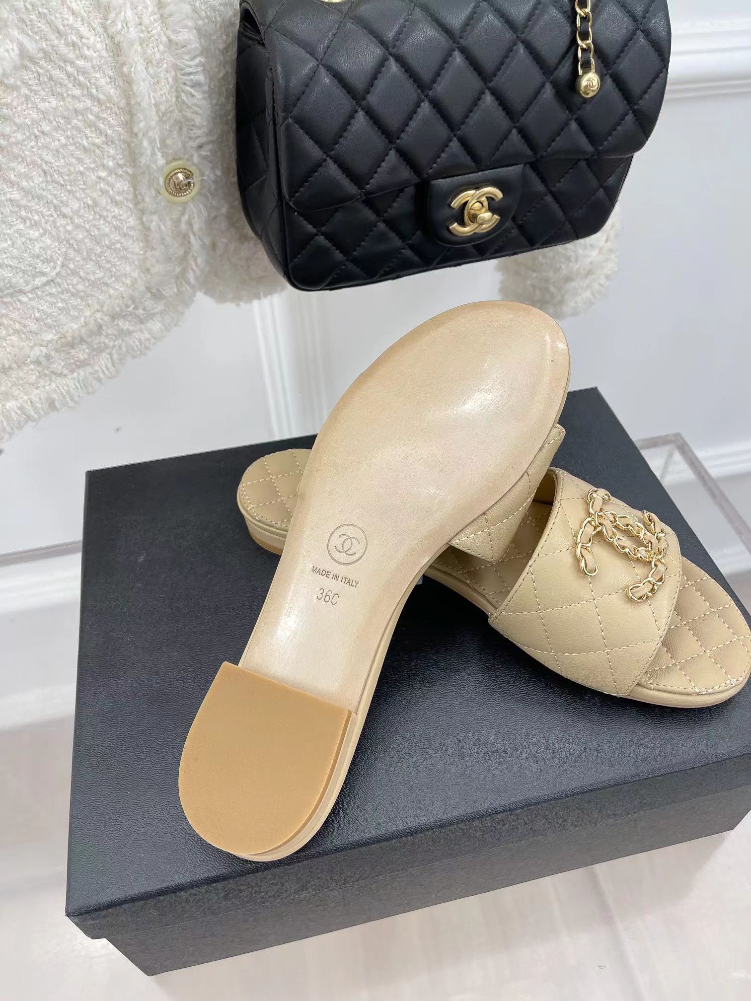Ch*el goatskin shiny leather gold cc flat sandals
