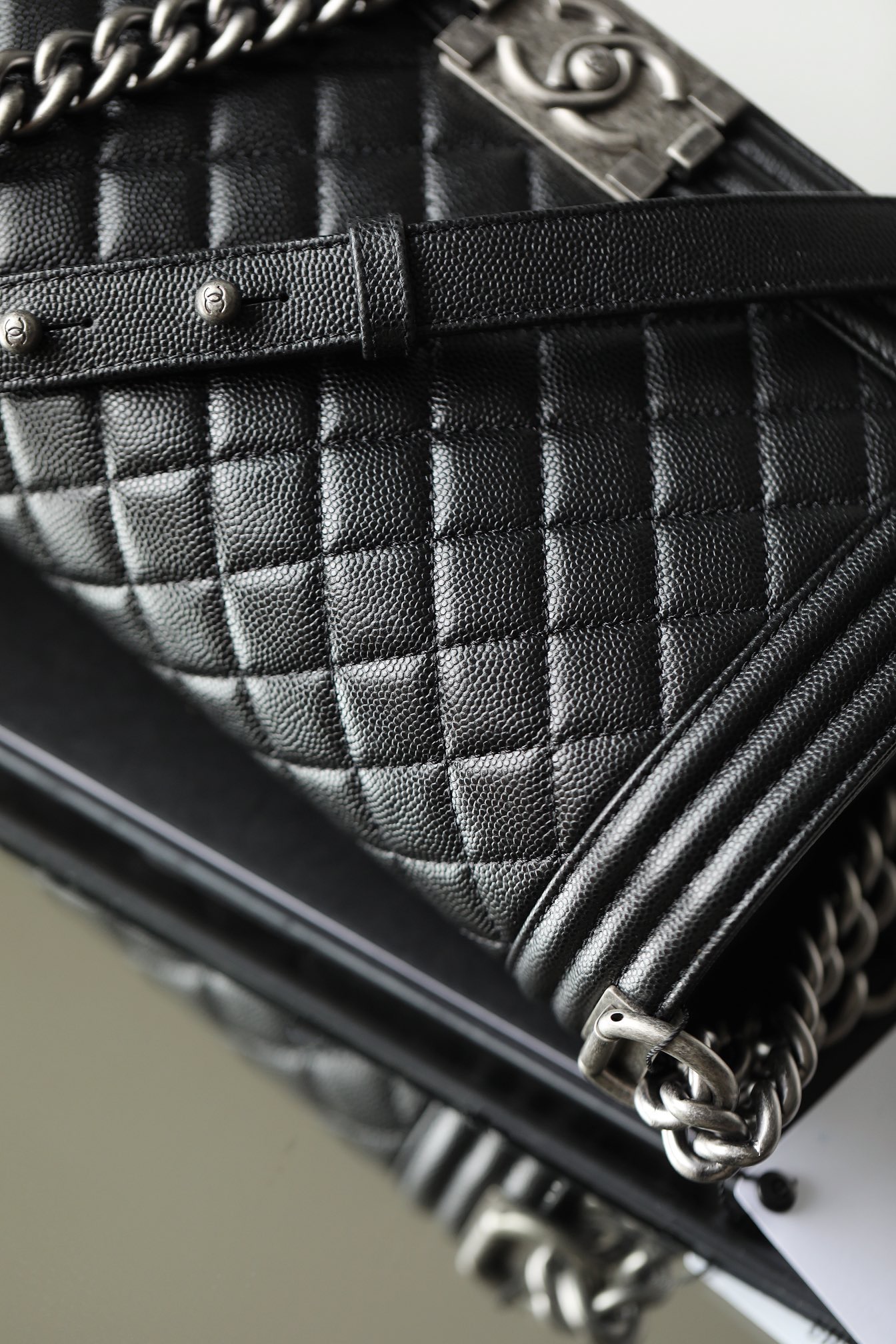 Ch*el boy sliver hardware caviar cow leather