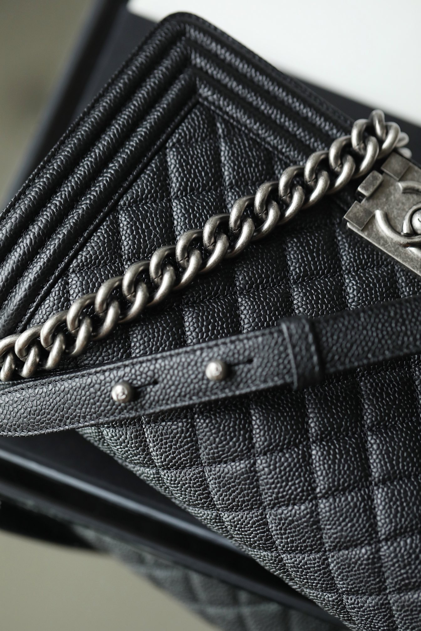 Ch*el boy sliver hardware caviar cow leather