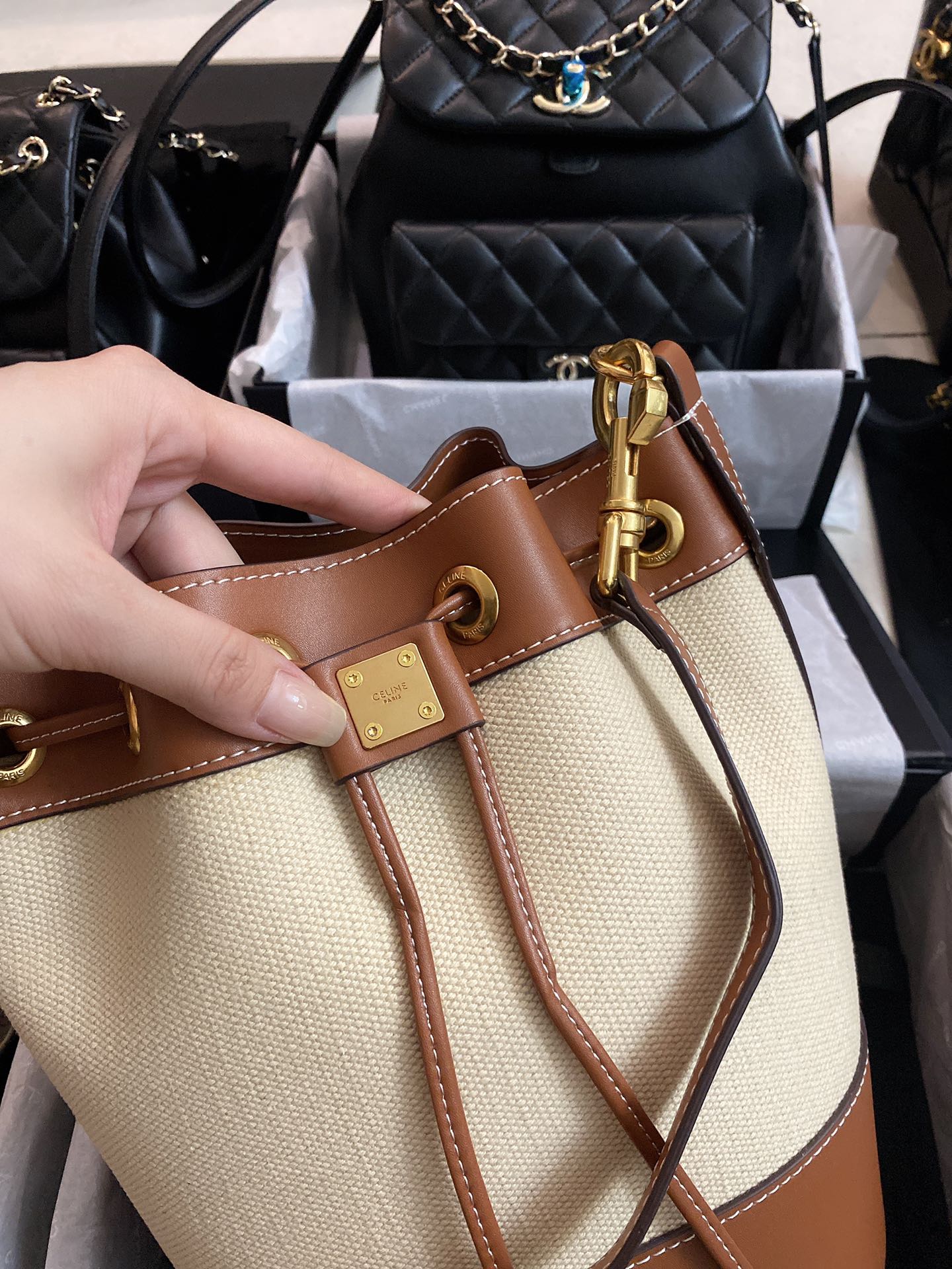 Small drawstring cabas marin in TEXTILE AND CALFSKIN