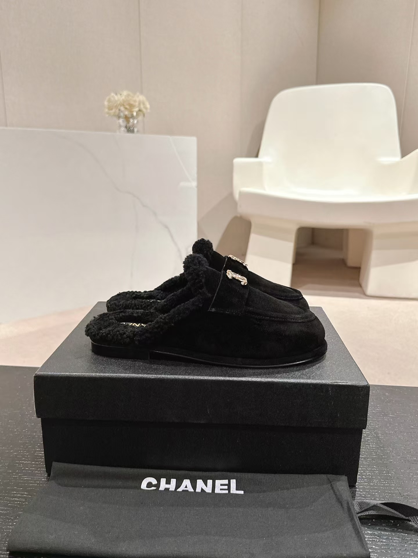 Ch*el black fabric quilted embellished slip on loafers